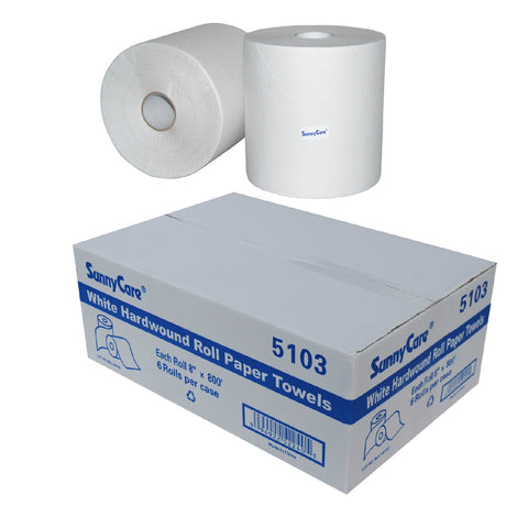 SunnyCare Hardwound Roll Towels 8" X 800' White 6 Rolls/Case - CleanCo